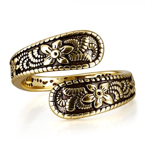 Teppdfann Vintage 14K Gold Plated Spoon Ring – Adjustable Ring with Carving Design for Women, Unique Boho Open Ring for Gift