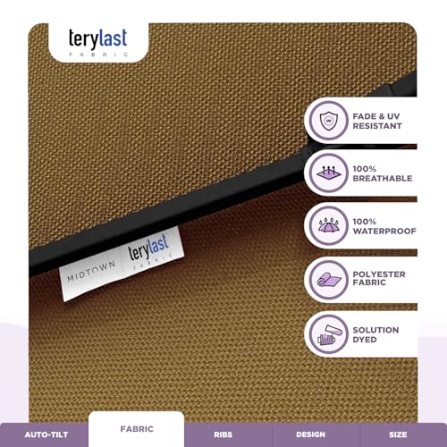 Image of Midtown Umbrellas - 10-Year-No-Fade 10 Ft Patio Umbrella with Terylast Fabric, Auto-Tilt Aluminum Frame and 8 Reinforced Ribs for Deck, Pool, Garden & Beach - Sand Tan Canopy, Black Pole