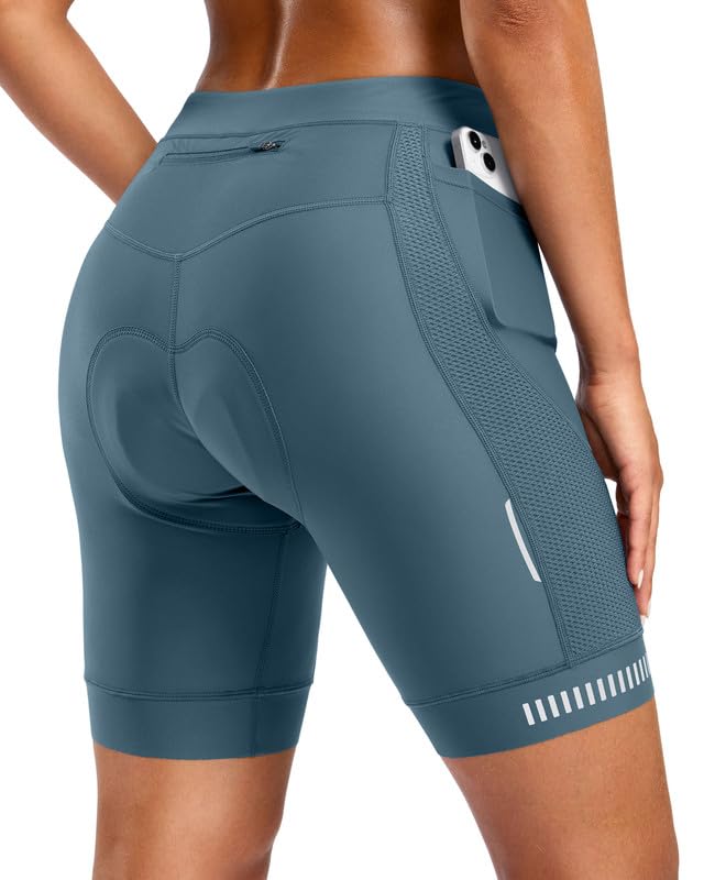 Bikewa Women's 4D Padded Bike Shorts with Zipper Pockets Gel Road Cycling Biking Biker Shorts for Bicycle Riding(Blue Grey,M)
