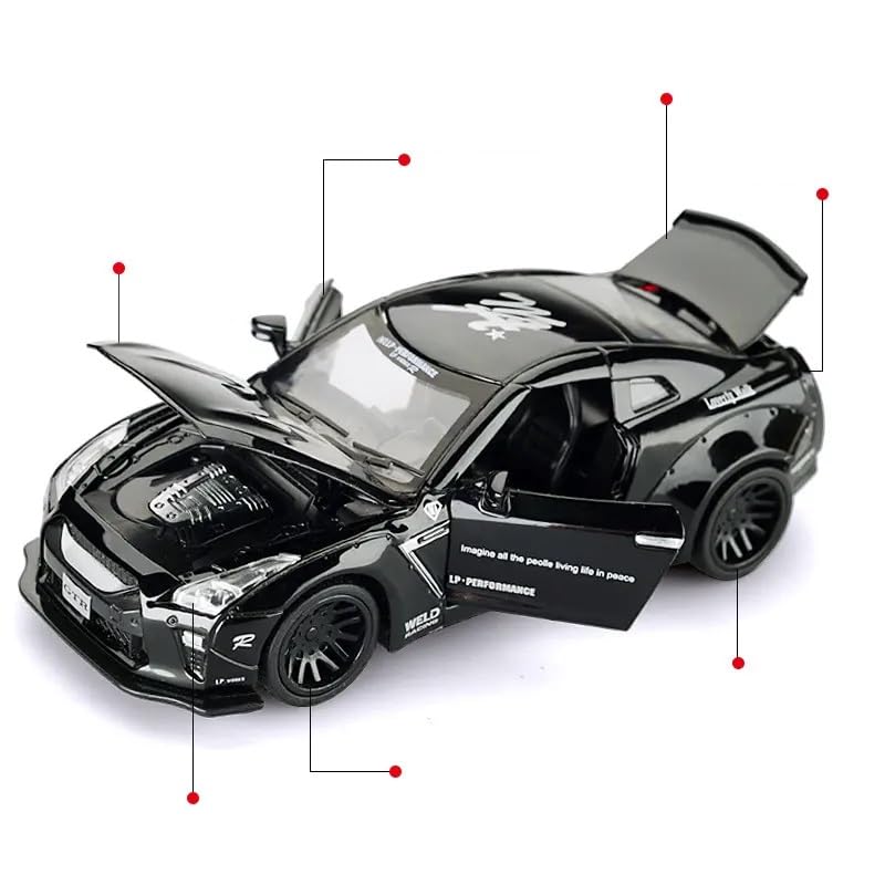 Image of 1:32 Scale New Nissan GTR R34 Toy Car | Metal Pullback Diecast Car for Kids with Openable Doors, Sound, Light Effects, Black