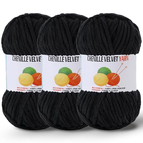 Image of 3 * 100g /3.5oz Fluffy Chenille Yarn for Crocheting, Chunky Velvet Yarn for Crochet Amigurumi, Used for Making Baby Yarns Blanket, Clothes, Pattern Knitting Creations (Black)