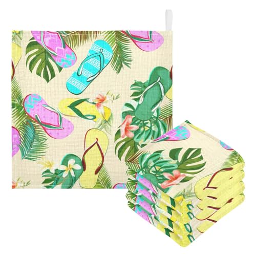 Kigai Slippers and Green Palm Leaves Baby Washcloths,3pcs Ultra Soft Absorbent Towel,Newborn Bath Face Towel, Natural Reusable Baby Wipes for Sensitive Skin, Baby Registry as Shower