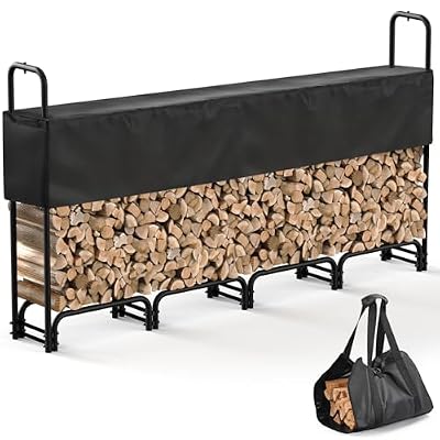 VICEARTH 8FT Firewood Rack with Cover Outdoor, Heavy Duty Wood Storage Rack with 600D Oxford Waterproof Adjustable Cover for Fireplace, Patio, Deck, 1/2 Cord Log Holder with Firewood Carry Bag