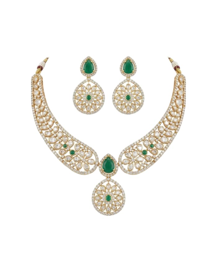 Auretta Moissanite Necklace Set Elegant Gold Green Stone Design Sparkling Shine Free Size-image-48