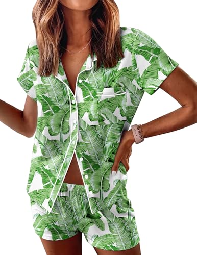 Image of Ekouaer Womens Pajama Sets Button Down Lounge Set 2 Piece Loungewear Soft Sleepwear Short Sleeve Pjs with Pockets