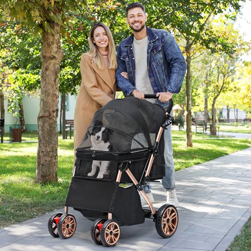 YITAHOME Hundebuggy Hundewagen klappbar für Hunde & Katzen, Haustierbuggy bis 22 kg mit umkehrbarem Griff, Netzfenstern, Getränkehalter, 360° drehbare EVA-Räder mit Bremsen (Schwarz)