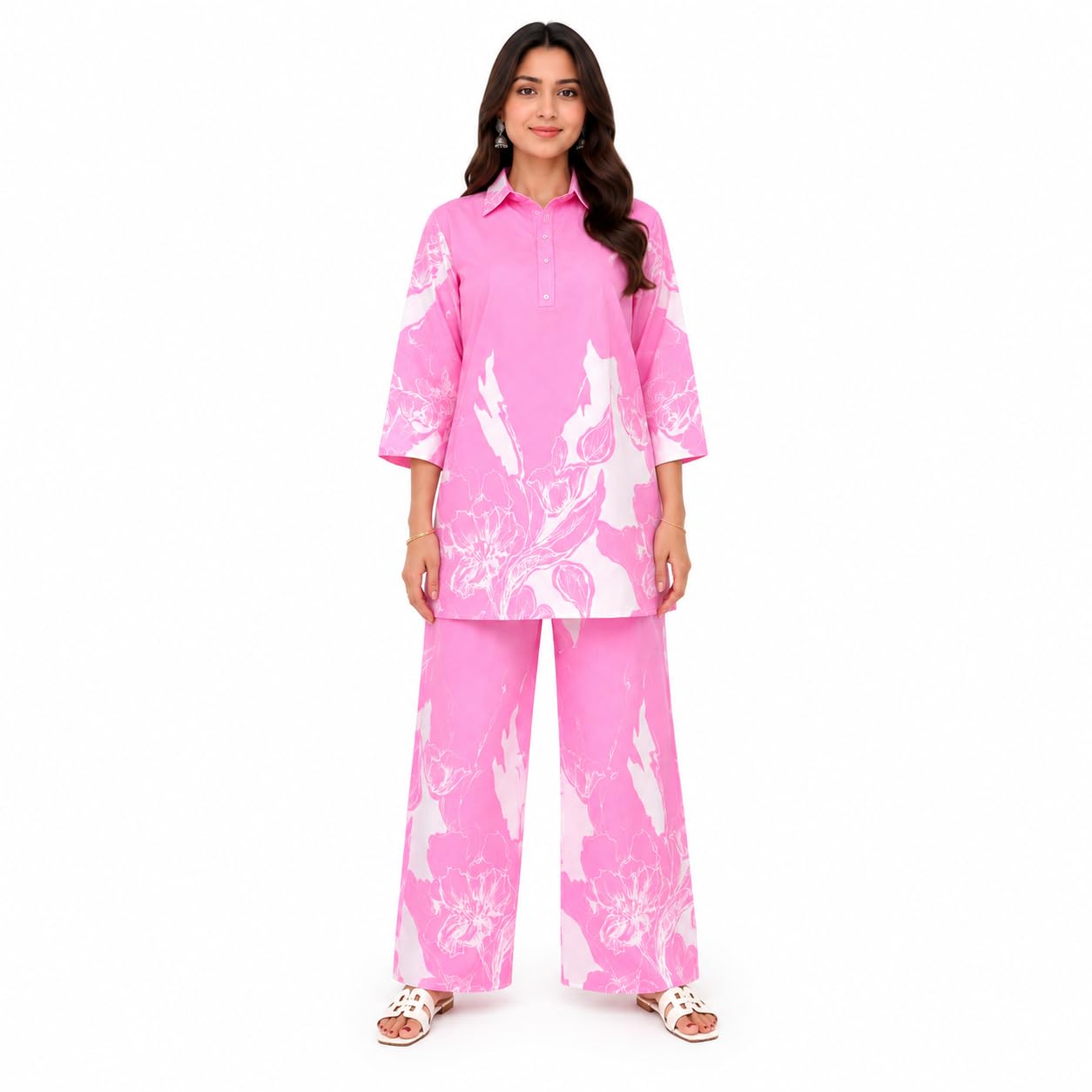 Women's Pink Floral Printed Co-Ord Set | Shirt Collar Top with Wide Leg Pants Size XXL-picture-13