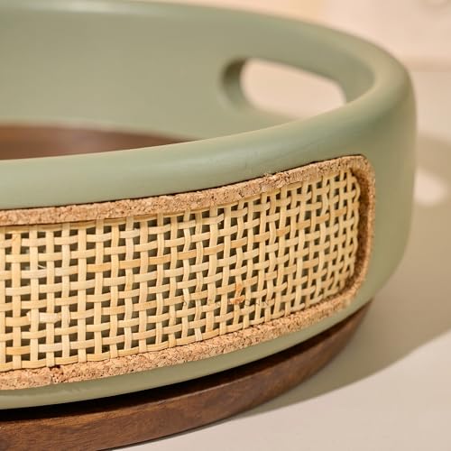 Image of Brick Brown Premium Jali 360 Rotating Wooden Serving Tray with Cane Weaving | Lazy Susan Turntable Tray for Dining Table, Kitchen, Coffee Table | Sage & Walnut Finish Decorative Organizer -12 Inch