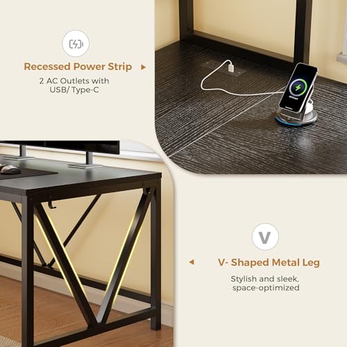 Image of L Shaped Gaming Desk with Fabric Drawers and Power Outlet, Corner Computer Desk with LED-Lit Tempered Glass Display Cabinet, L Shaped Office Desk with Storage,PC Desk for Gaming and Home Office, Black