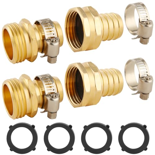 2 Set Brass Garden Hose Repair Connector Kit with Clamps Fit for 3/4 Garden Hose Fitting 3/4 Barb x 3/4 GHT Garden Hose Adapter/Fittings Water Hose Repair Kit