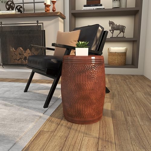Image of Deco 79 Metal Handmade Side End Accent Table Drum Shaped End Table with Hammered Design, Side Table 14 inch x 14 inch x 19 inch, Brown