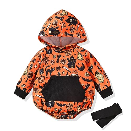 Image of Unutiylo Baby Halloween Outfits Newborn Hooded Romper Baby Sweatshirt Long Sleeve Fall Winter Outfit With Matching Socks
