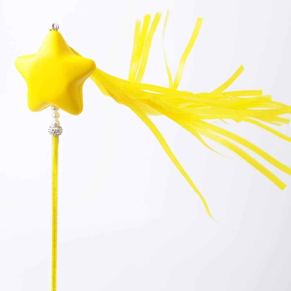 Cat Teaser Toy Feather Wand Cat Toys Interactive Teaser and Exerciser Wand Stick Star with Bell with Tassels Worms Catcher for Pet Cats Kitten Play Fun Excercise, Yellow
