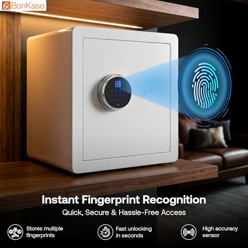 Image of BonKaso Smart Security Safe | Fingerprint PIN Key Access | Adjustable Shelves | Heavy-Duty Metal | Built-in Alarm | Compact Home Office Safe