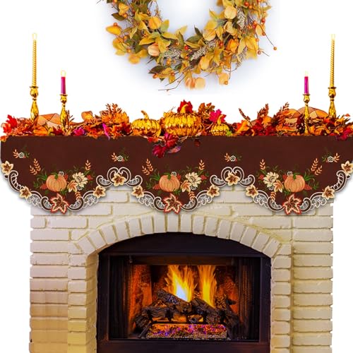 Simhomsen Coffee Brown Embroidered Thanksgiving Harvest Pumpkins Mantel Shelf Top