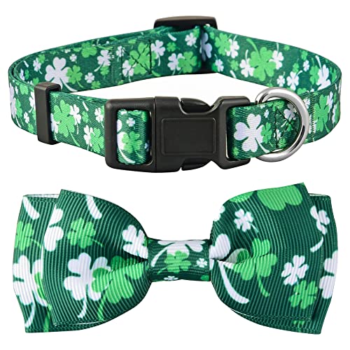 St Patricks Day Dog Collar with Bowtie, Gift Decor for Irish, Lucky Clover Shamrock Bow Tie (Small, St. Patrick's Mixed Clover)