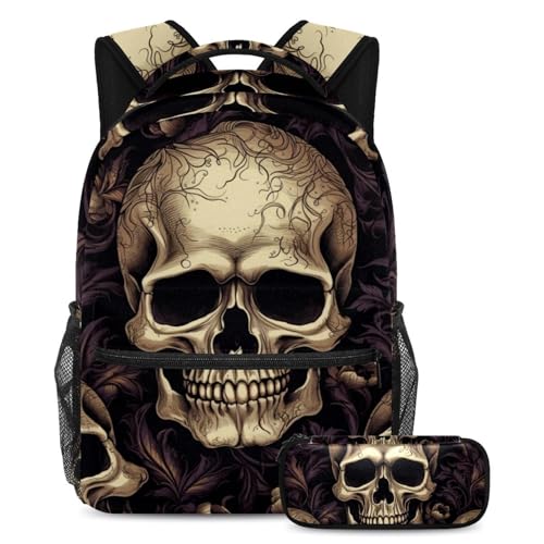 Sac à dos motif tête de mort rétro Large avec trousse pour ados
