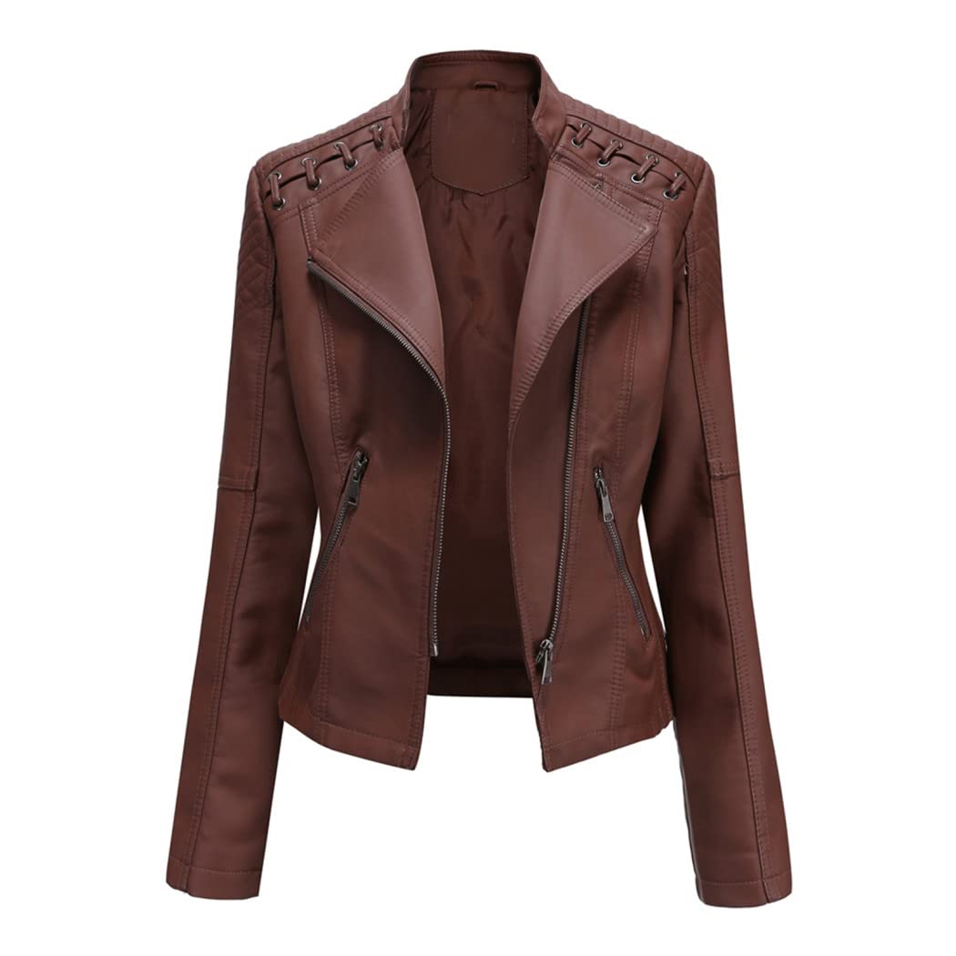 YOJOLO Women's Leather Jacket Faux Leather Moto Jacket Slim Zip-Up Biker Jacket Spring Autumn Leather Coat Outwear,coffee,L