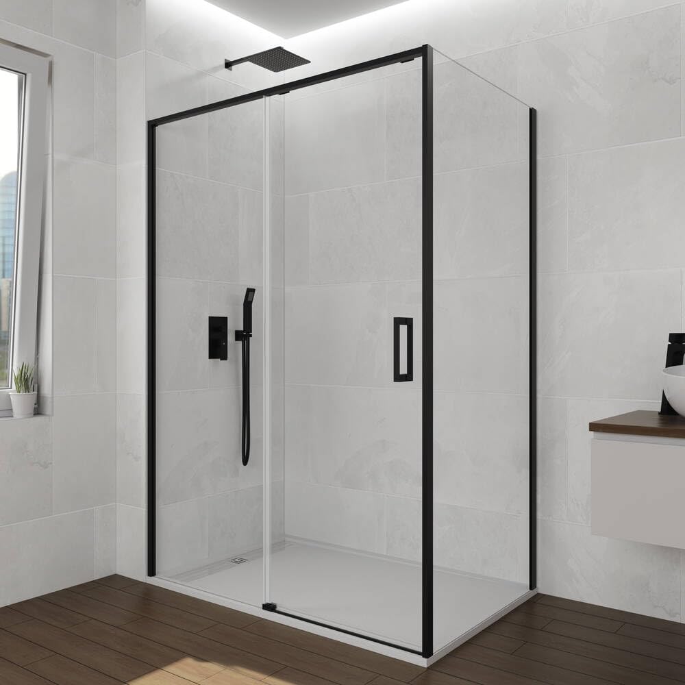 GME - Mampara Ducha Frontal Negra Mate 120cm 1 Fija + 1 Corredera + 80cm Panel Lateral Fijo | Mampara de Cristal Reversible 6mm con Ancho Adaptable y 195cm de Altura
