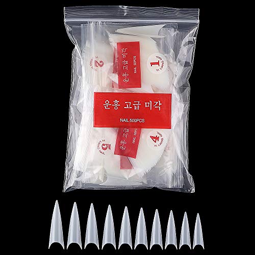 500pcs Long Stiletto False Nails Artificial Fake Nail Tips 10 Sizes With Bag for Manicure Nails Art Salons & Home DIY (Natural)