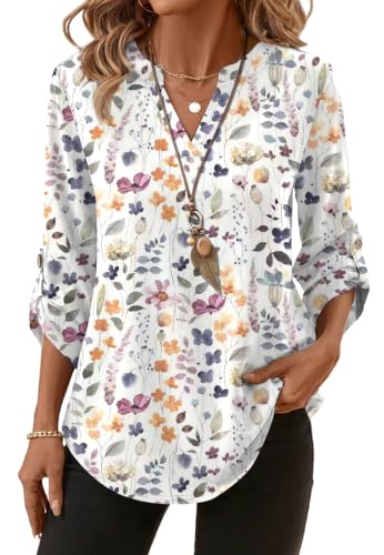 XIEERDUO Women Blouses Trendy Fashion 3/4 Length Sleeve Shirts V Neck Tunic Tops for Leggings Loose Fit Summer Outfits Floral White L