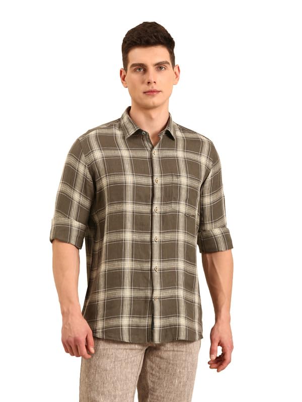 Image of Linen Club Men's Pure Linen Checked Contemporary Fit Full Sleeve Casual Shirt