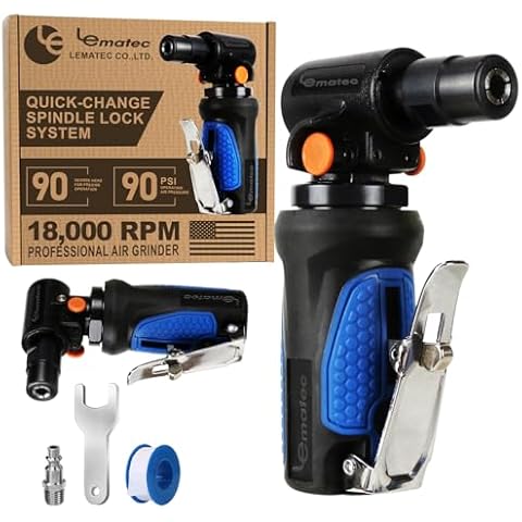 Le Lematec Pneumatic Air Angle Die Grinder with Spindle Lock, 1/4" High Speed 18,000 RPM, Front Exhaust, Ideal for Automotive Detailing, Grinding, Deburring, and Polishing (LE-G1343L) Cover