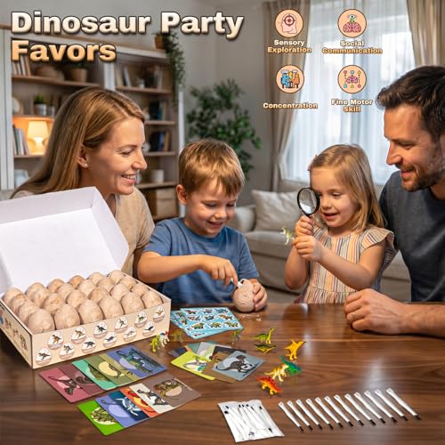 Image of 24 Dinosaur Eggs Excavation Dig Kit, Dino Party Favors for Kids Age 3+ Year | Dinosaur Learning Resources (24 Different Dinos with Knowledge Flashcards), for Birthday /Dinosaur Party Toys or as Decoration