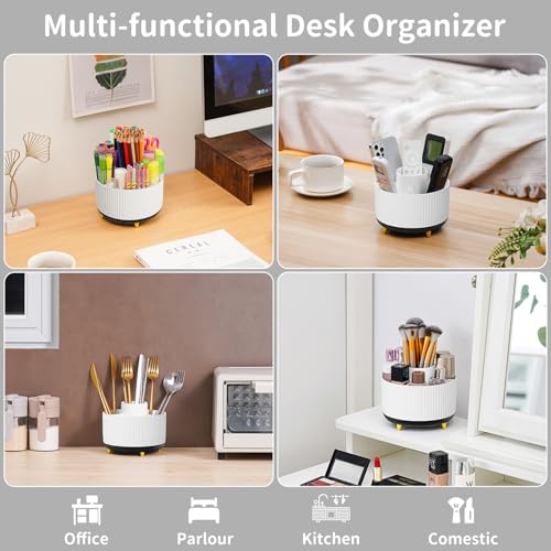 Image of Marbrasse Desk Organizer, 360-Degree Rotating Pen Holder, Desk Organizers and Accessories with 5 Compartments Pencil Holder, Art Supply Storage Box Caddy for Office, Home (White+Black)