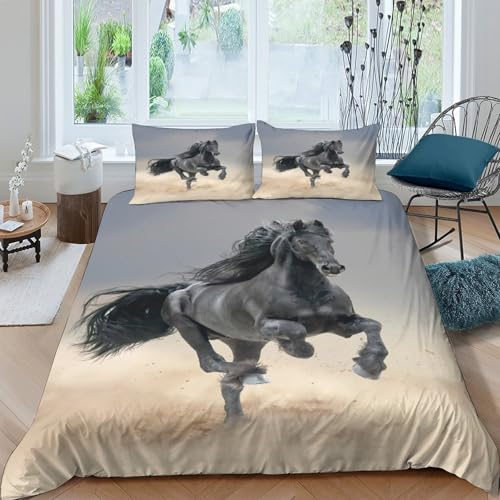 CTJQHVKZ Microfibre Douce Cheval Noir Drap Housse 3D Imprimé Trotteur Bed Cover pour Chambre Maison Cadeau Décor Protection Matelas Single（135x200cm）