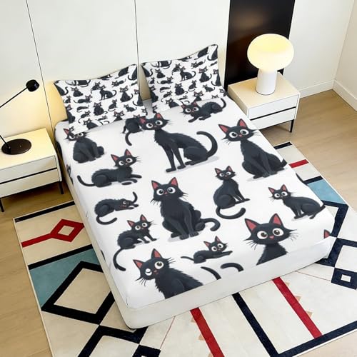 Drap housse chat noir 160x200x25cm en microfibre imprimée 3D