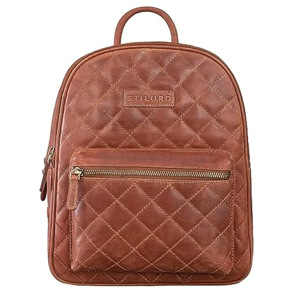 STILORD 'Elira' Rugtas Dames leer met ruitjespatroon Vintage Backpack Praktische City Bag Rugzak Klein Dames Elegant Echt Leder, Kleur:andorra - bruin