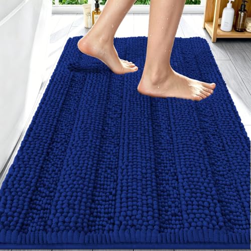 Image of Smiry Thick Chenille Bathroom Rugs 30x20, Extra Soft Absorbent Striped Bath Mat, Machine Washable, Rubber Backing, Bath Rugs for Tub & Shower, Modern Home Decor Accessories, Navy