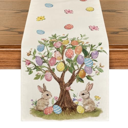 Artoid Mode Bunny Rabbit Eggs Tree 210 GSM Easter Table Runner, Seasonal Spring Floral Kitchen Dining Table Decoration for Home Party Decor 13x60 Inch