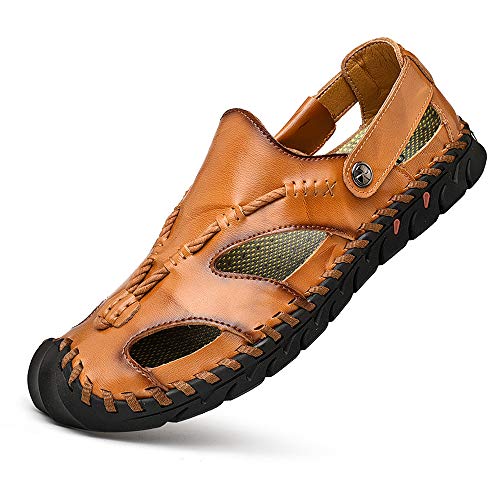 UPIShi Men's Closed Toe Leather Casual Fisherman Stitching Slippers Beach Summer Sandals
