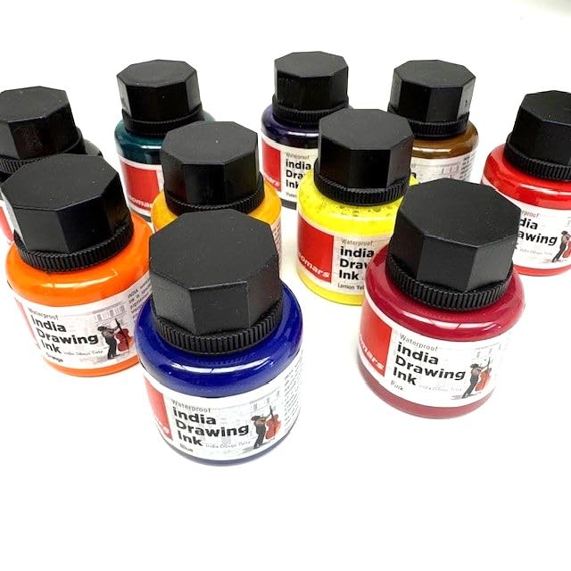 India Ink Waterproof Drawing Ink Set of 10 Colours 35ml Bottles