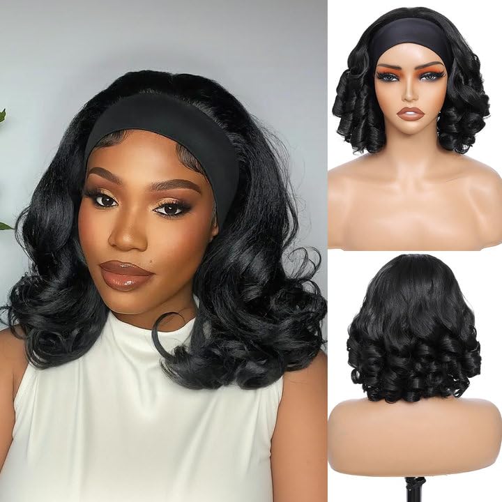 12Inch Body Wave Headband Wig Synthetic Short Wavy Wigs for Women Glueless Black Hair Natural Looking 150% Density