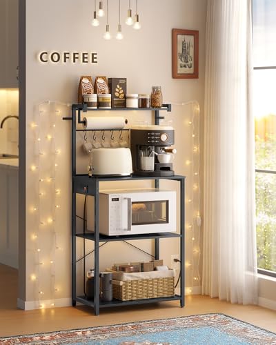 Image of VASAGLE BARNET Collection - Kitchen Bakers Rack with Power Outlet, 23.6-Inch Wide Coffee Bar 4-Tier with 8 S Hooks, Modern Microwave Stand, Adjustable Shelf, Charcoal Gray and Ink Black UKKS014B01V1