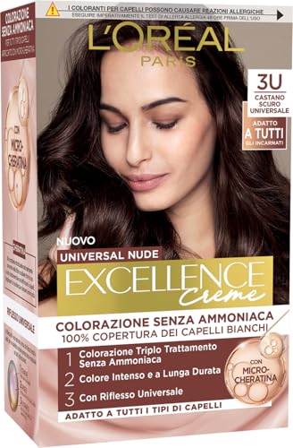 L'Oréal Paris Coloración permanente de larga duración, cobertura de pelo blanco natural y brillante, fórmula libre de amoniaco, Excellence Universal Nude, tonos marrón oscuro (3U)