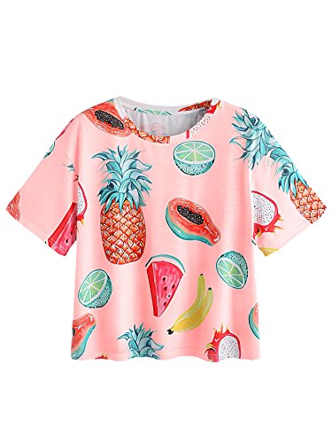 Romwe Women's Allover Fruit Print Top Short Sleeve Cute T-Shirt Pink M