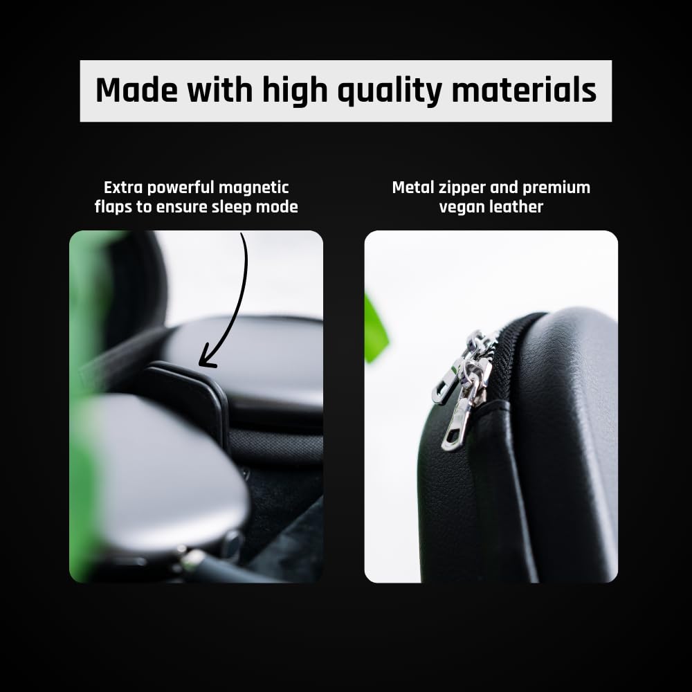 Custodia rigida per AirPods Max | Magnete extra potente per garantire la modalità Sleep | Pelle vegana e cerniera in metallo | Protegge le cuffie da graffi e urti | Confezione regalo (nero)