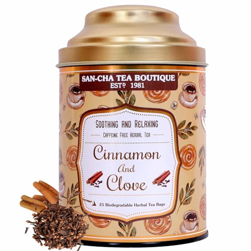 Image of SAN-CHA Sancha Tea Boutique Cinnamon & Clove Herbal Tea | Caffeine Free | (Pack Of 15) | 100% Biodegradable Tea Bags | Pyramid Tea Bags | Digestive Tea With Crushed Cardamom Bark, 200 Grams