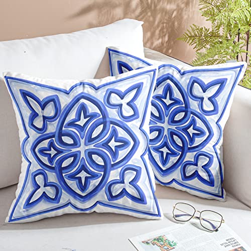 Chiinvent Blue And White Boho Throw Pillow Covers 18"X 18" Set Of 2 Watercolor Blue Geometric Double Side Print Pillow Case Retro Tiles Floral Farmhouse Decorative Pillow Cushion Cover #TOP1