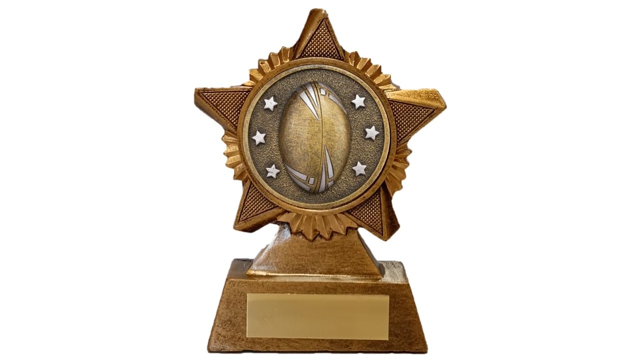 Troshow Antique Gold Rugby Trophy Award Premier Star 120Mm Heavy Resin Rugby Ball Free Engraving -Troshow1-Ik-Trd