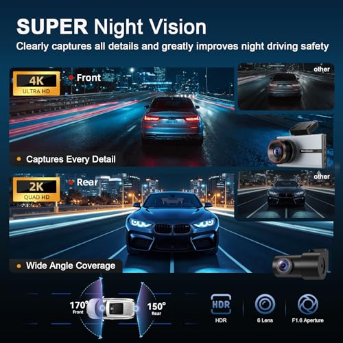 Image of TECXERLLON 4K Dash Cam with ADAS Assist, 3.6 inch IPS Touchscreen, Built-in GPS & 5G WiFi, G-Sensor, Dash Camera with Starlight Night Vision, 170 /150 Wide View, 24H Parking, Free 64GB Card Included
