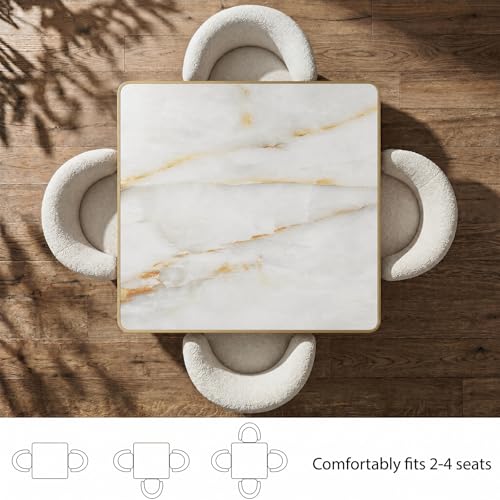 Image of 63 inch Square Dining Table, Tulip Table with 1.2 inch Thick Sintered Stone Tabletop and Golden Metal Pedestal Base, Small Square Dining Tables for Diner,Bar,Restaurant,kitchen,Bakery,Apartment (Marble Gold)