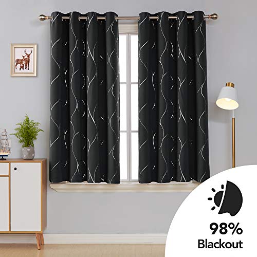 Deconovo Blackout Curtains, Home Decoration Thermal Insulated Curtains, Wave Line Foil Printed Ring Top Curtains for Girls Bedroom, 46 x 54 Inch(Width x Length), Black, 2 panels - Image 2