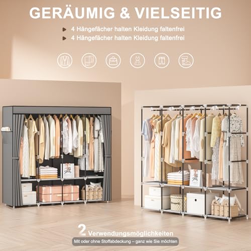 Neatrays Kleiderschrank, Stoffschrank mit 4 Kleiderstange Stabil & 8 Fächern, Faltbarer Kleiderschrank Wardrobe Closet für Kleiderablage Schlafzimmer Ankleidezimmer(Grau)