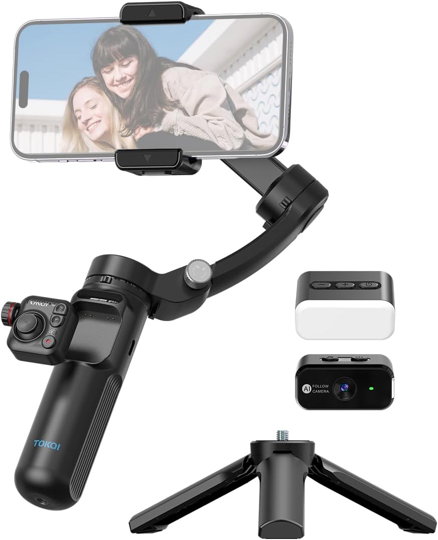 TOKQI M02 AI Kit Handheld 3-Axis Gimbal Stabilizer with phone, AI module, fill light, and tripod