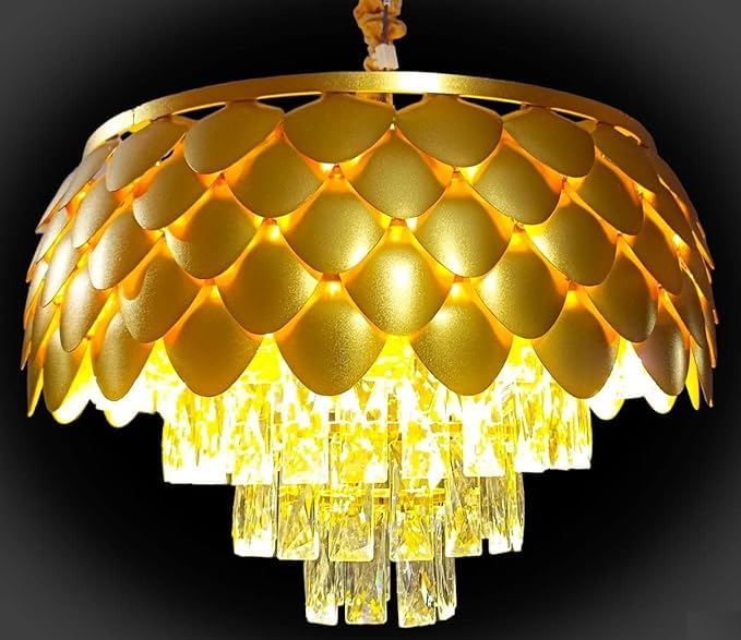 Image of ORAB Pineapple Gold Crystal Chandeliers 300mm, Modern Dining Room Chandelier Round K9 Crystal Pendant Light Fixtures for Entryway Foyer Stairwell Living Room